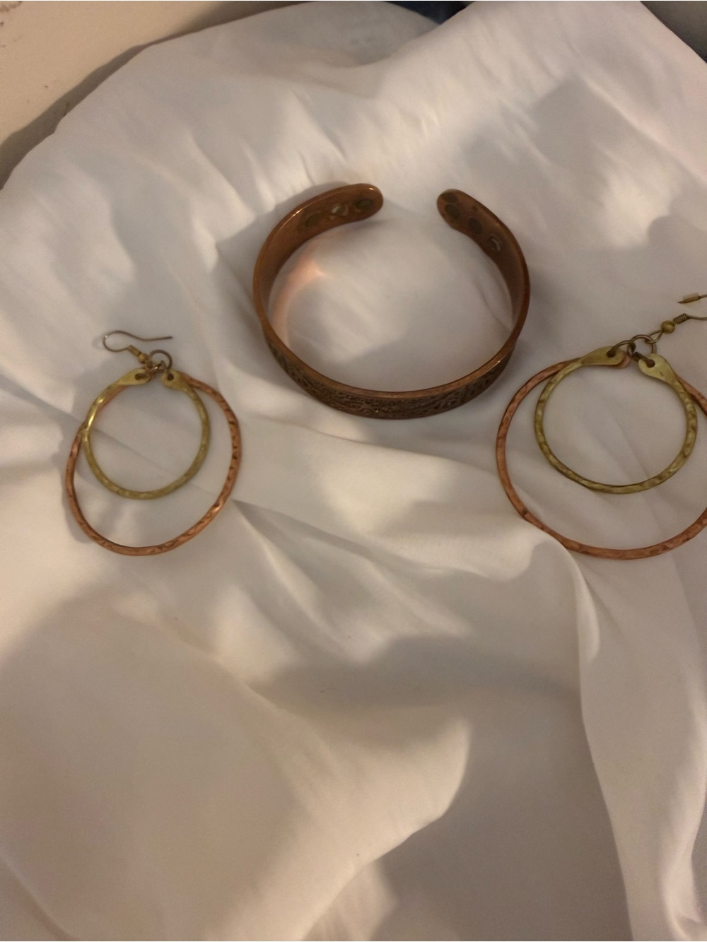 Mixed Metals- 2 piece set Copper and gold tone double hoop earrings/brass cuff